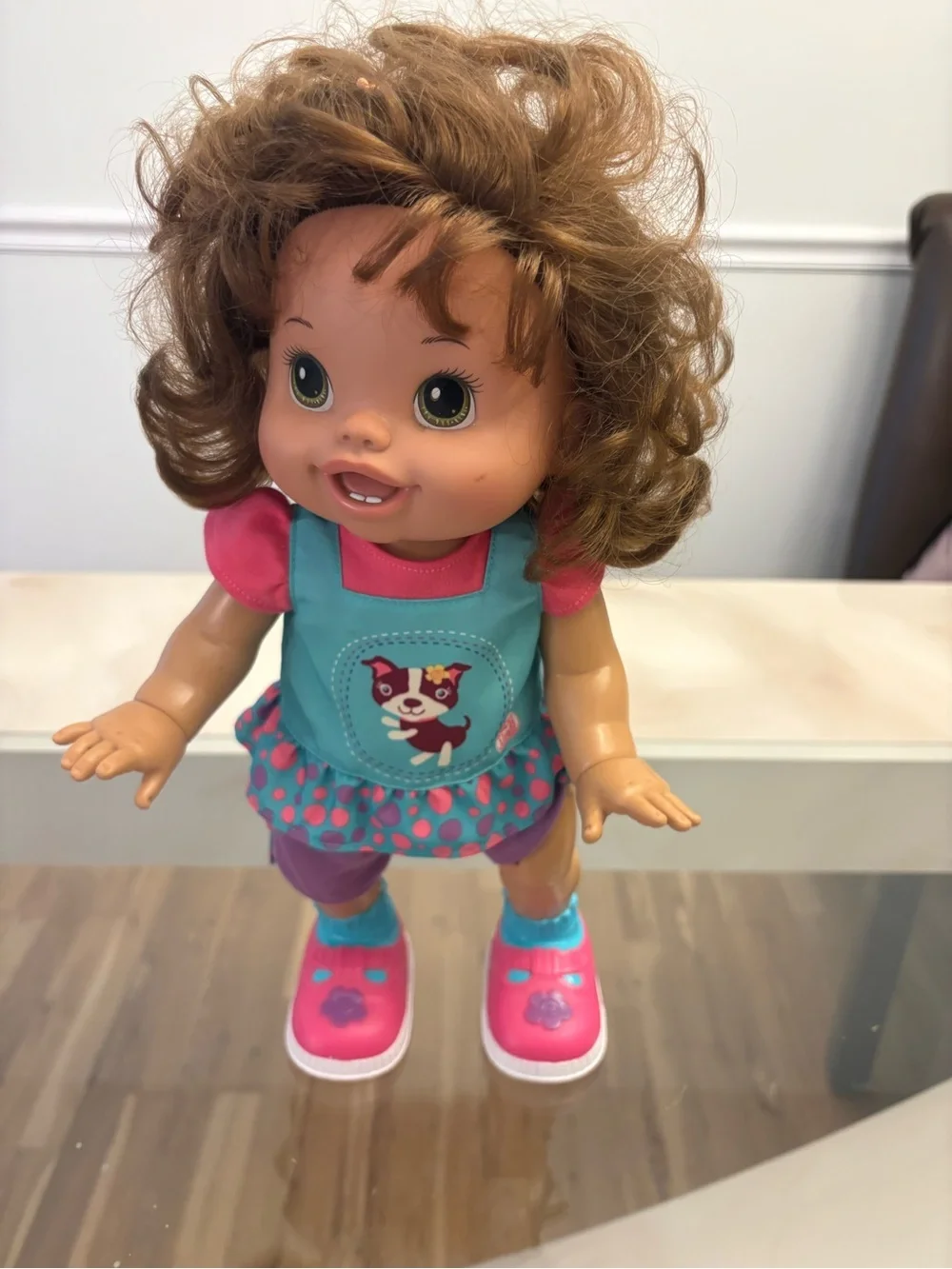 Hasbro Baby Alive Doll Brown Hair Green Eyes Puppy Dress Pink 12